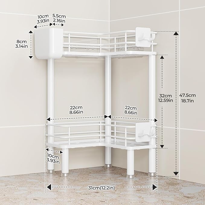 Orimade Rustproof 2 Tier Floor Standing Corner Shower Caddy Organizer with Toothbrush Holder, Large Spacing Floor Shower Shelf Rack Storage Stands with Hooks for Bathroom Kitchen, White