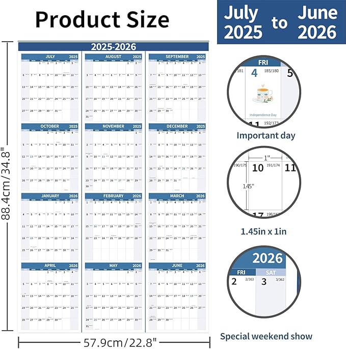 2026 Wall Calendar 34.8" x 22.8" Large Vertical Yearly 2025-2026 Wall Hanging Calenda with Julian Date from July 2025 to June 2026 Thick Paper Calendar 12 Month Annual Planner for Office Fridge(Grayish Blue)
