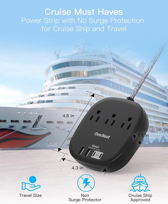 Flat Plug Power Strip, 5ft Flat Extension Cord - 3 Outlets 4 USB Ports (2 USB C) 22.5W/4.5A Desktop Charging Station, Power Strip No Surge Protection for Cruise Ship, Dorm Room Travel Essentials - BK