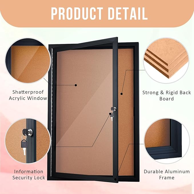 Enclosed Cork Bulletin Board 36"x24" Outdoor Weatherproof Cork Noticeboard with Locking Door Wall-Mounted Black Aluminium Frame for Home, School, Office, Community, Hospital