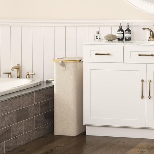 Lifewit 75L Slim Laundry Hamper with Lid, Narrow Laundry Basket with Removable Bag & Bamboo Handles, Fodable Thin Dirty Clothes Hamper for Laundry Collapsible Bin for Bathroom Bedroom Dorm, Beige