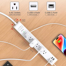 2 Pack Power Strip, 15FT Long Extension Cord, Surge Protector with 6 Outlets and 4 USB Charging Ports(2 USB C), Flat Plug Overload Protection, Wall Mount for Home Office Dorm College