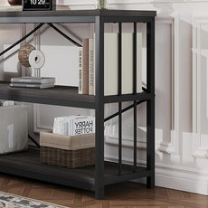 HSH 3 Tier Bookshelf, Wood Metal Low Horizontal Bookcase with Storage, Industrial 3 Tier Long Bookshelves Shelf for Bedroom, Modern Wooden Open Etagere Bookcase for Living Room, Dark Gray, 55 Inch