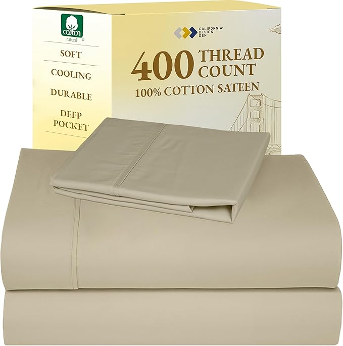 California Design Den Twin XL Sheet Sets - 400 Thread Count Sateen, 100% Cotton Bed Sheets, Deep Pockets, Soft & Breathable, and Durable Bedding Set - Beige (Golden Tone) CaliforniaDesignDen