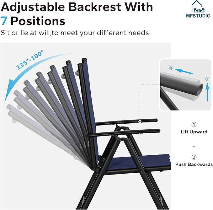 MFSTUDIO Patio Folding Chairs Set of 8, Outdoor Patio Dining Chairs, Portable Blue Sling Patio Chairs, 7 Levels Adjustable Sling Back Chairs for Backyard Lawn Garden