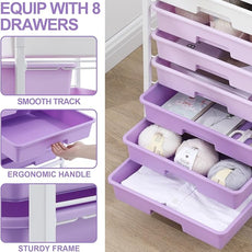 Rolling Cart with Drawers,Utility Cart With 8 Drawers and Wooden Tabletop for Living Room,Classroom,Bedroom,Bathroom,Dorm,Office,Purple