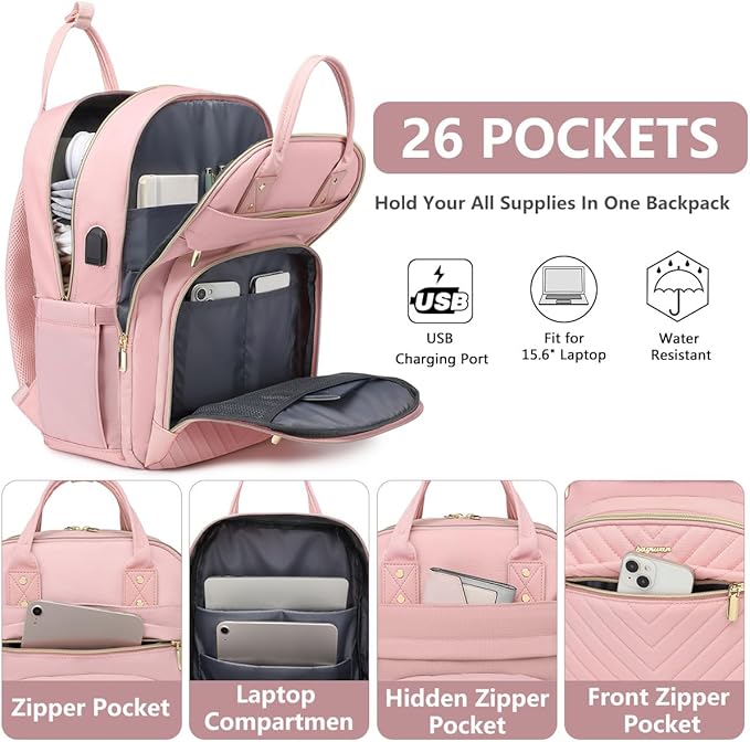 Laptop Backpack for Women Work Bag - 15.6 inch Travel Backpack with USB Charger Business Computer Backpacks for Office College Back pack for Teacher Casual Waterproof Bookbag for Nurses Pink