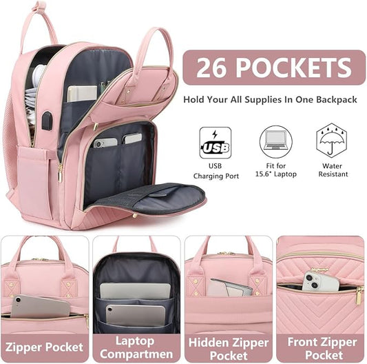 Laptop Backpack for Women Work Bag - 15.6 inch Travel Backpack with USB Charger Business Computer Backpacks for Office College Back pack for Teacher Casual Waterproof Bookbag for Nurses Pink