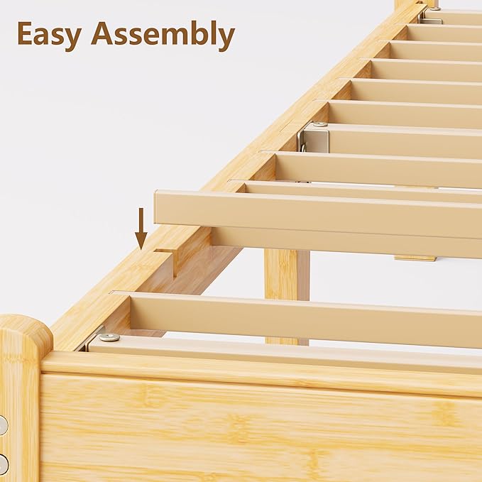 14 in High Solid Bamboo Wood Platform Queen Bed Frame with Headboard, Bed Frame Queen Size, Heavy Duty, No Box Spring Needed, Nosie Free