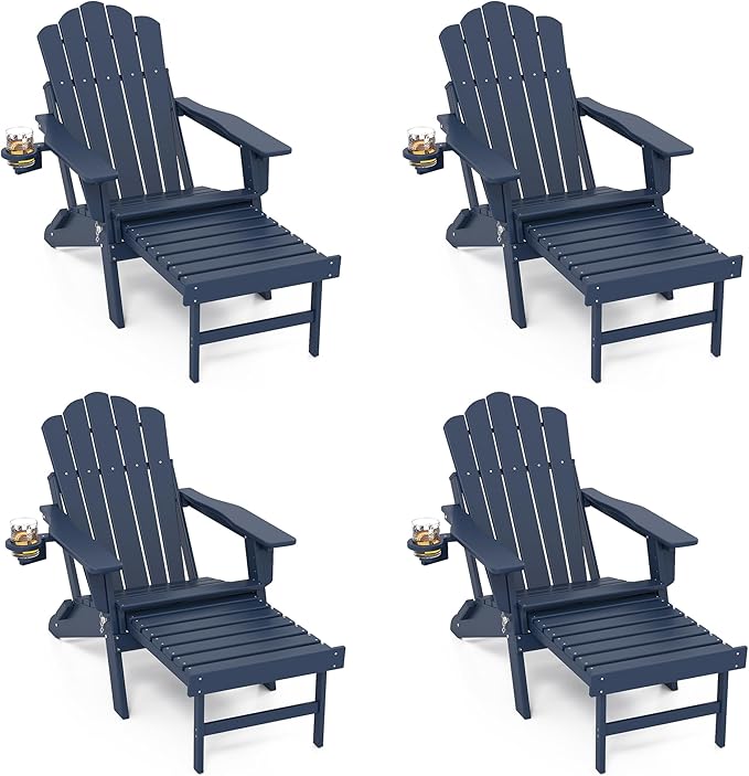 FOOWIN Adjustable Adirondack Chair with Retractable Ottoman Set of 4, Folding Adirondack Chair with Cup Holder, HDPE All-Weather Fire Pit Chair for Patio, Yard, Poolside, Navy Blue