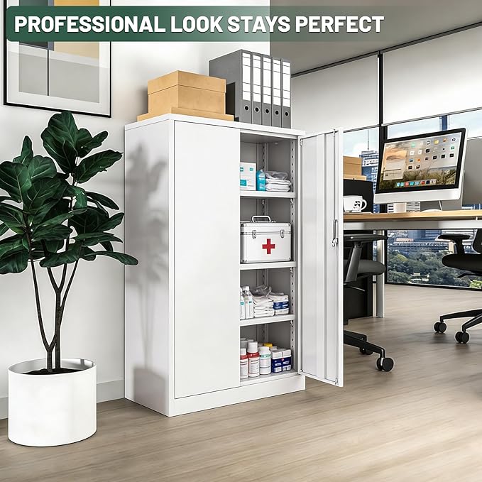 42" Folding Metal Storage Cabinet with Lock,2 Doors and 2 Adjustable Shelves,Quick Assembly Foldable Steel Cabinet for Office Home Garage,White