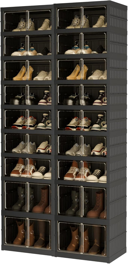 Foldable Shoe Organizer Storage Box Set of 2, Portable Extra Large Folding Shoe Rack for Closet, Shoe Storage Box with Magnetic Transparent Door and Wheels, 9 Layers 18 Grids with 4 Big Grids