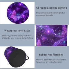 Purple Butterfly Laundry Hamper,Sparkling Dirty Clothes Laundry Basket with Handles Waterproof Oxford Cloth Storage Basket for College Dorms Bathroom Bedroom 16