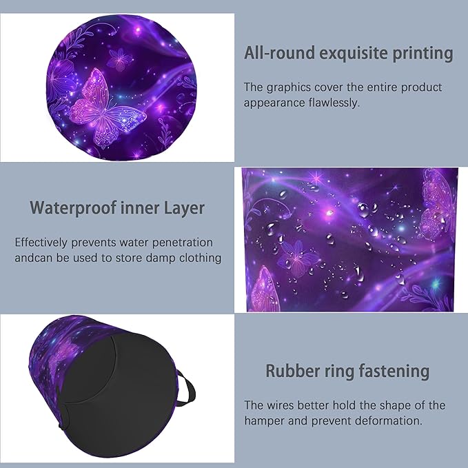 Purple Butterfly Laundry Hamper,Sparkling Dirty Clothes Laundry Basket with Handles Waterproof Oxford Cloth Storage Basket for College Dorms Bathroom Bedroom 16" x 20.8"