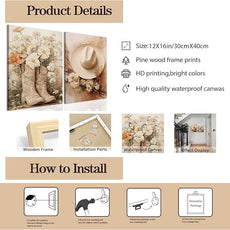 Floral Cowgirl Boots Canvas Wall Art Set of 2, Cowboy Hat with Flower Wall Decor Paintings, Trendy Preppy Western Aesthetic Prints Pictures, for Girls Bedroom Living Room Dorm 12x16 inch Framed