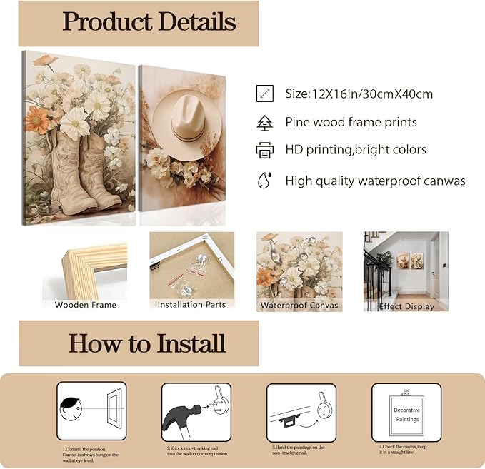 Floral Cowgirl Boots Canvas Wall Art Set of 2, Cowboy Hat with Flower Wall Decor Paintings, Trendy Preppy Western Aesthetic Prints Pictures, for Girls Bedroom Living Room Dorm 12x16 inch Framed