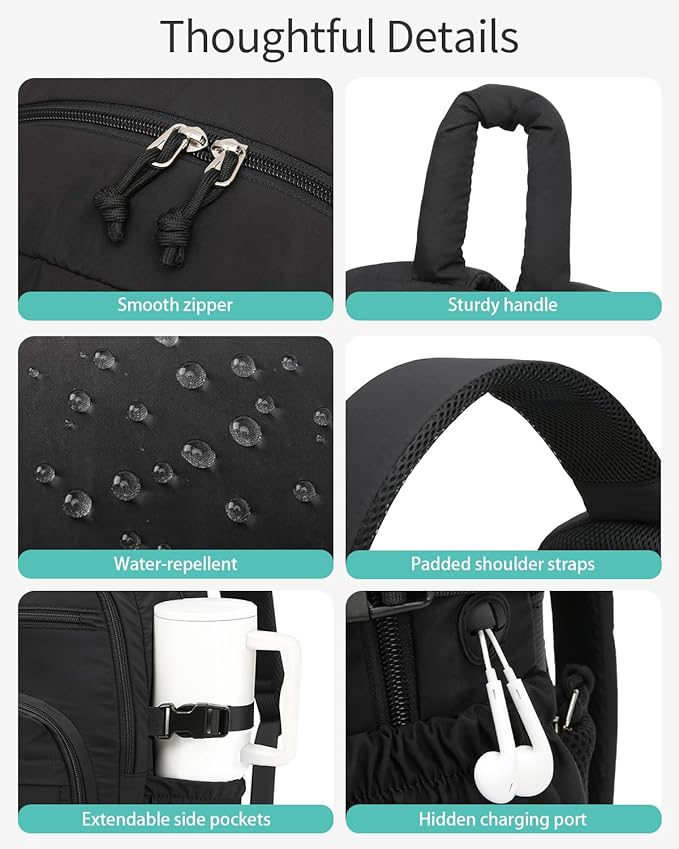 Backpack for Women, Quilted Laptop Bookbag with Pouch Pockets for College Work Travel Gym Teacher Nurses, Puffer High School Backpack for Girls, Black