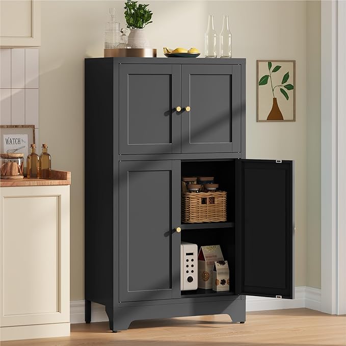 Black Bathroom Floor Cabinet, Metal Storage Cabinets with 4 Doors & 2 Adjustable Shelves, Freestanding Sideboard for Dining Room,Living Room, Home Office