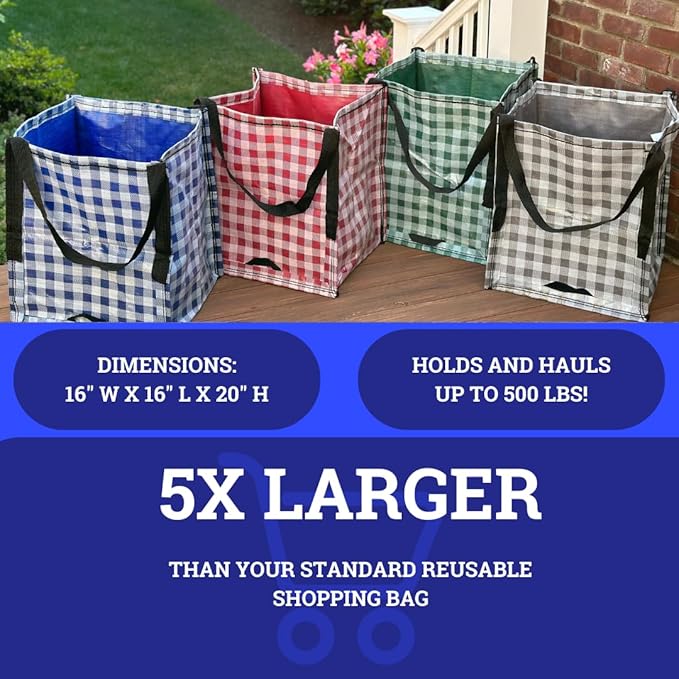 DURASACK Heavy Duty Storage Tote Bag 22-Gallon Rugged Woven Polypropylene Moving Bag, Reusable Self-Standing Design, Holds up to 500 Pounds, Pack of 4, Gingham Multicolored