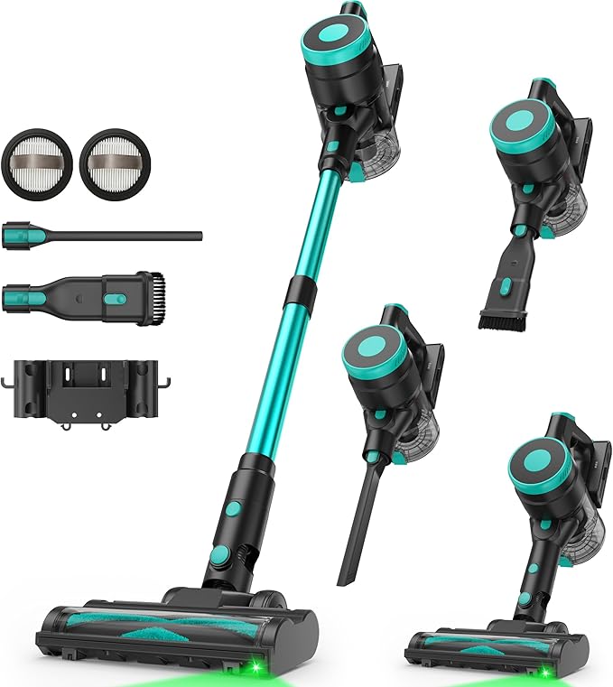 Zefiro Cordless Vacuum Cleaner,45Mins Runtime Stick Vacuum, Anti-Tangle and 1.5L Dust Cup, Lightweight Vacuum for Hardwood Floor Carpet Pet Hair (grenn&Black)