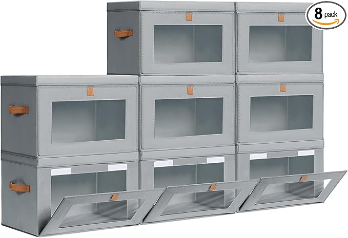 Large Closet Storage Bins - Collapsible Storage Bins with Handles & Window, Fabric Cube Organizer with Lids, Decorative Boxes for Living Room, Closet, Dorm, 8 Pack, Grey
