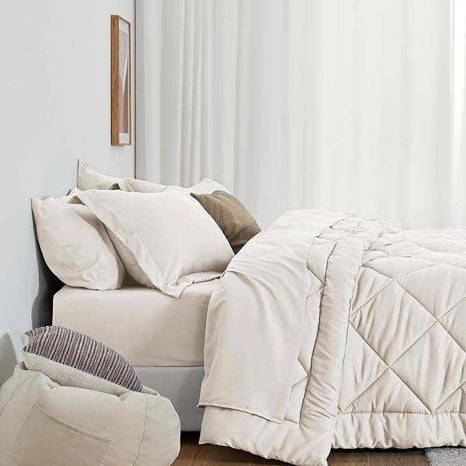 Love's cabin King Size Comforter Set Off White, 7 Pieces King Bed in a Bag, All Season Bedding Sets with 1 Comforter, 1 Flat Sheet, 1 Fitted Sheet, 2 Pillowcase and 2 Pillow Sham