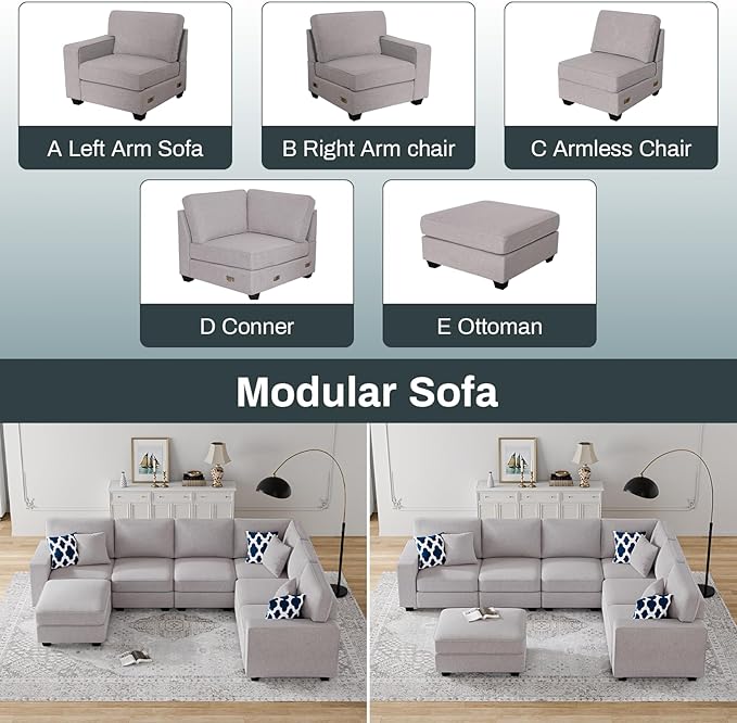 Legend Vansen Modular Sectional Sofa U Shaped Couch with Ottoman Modern Reversible Corner Sectional Couch for Living Room (Light Grey, U Shaped Sofa-2)