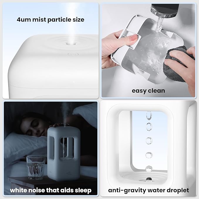 600ml Small Humidifier White - with Anti Gravity Water Flow Visual Effect, Provides Even Humidity for Indoor Plants, Bedroom & Desk, Quiet Portable Operation