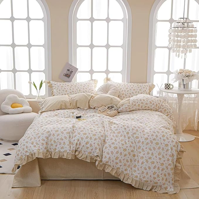MKXI Queen Size Pink & Yellow Floral Ruffled Comforter Set - 3 Piece Cottagecore Style Reversible Bed Set with Beige Plaid Pattern, Soft Aesthetic Bedding Set for Girls Wome