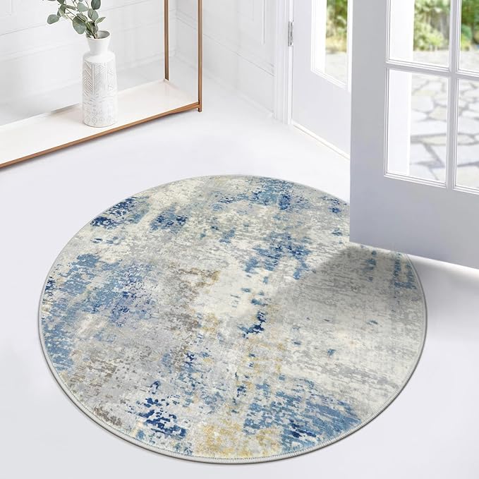 Lahome Modern Abstract Round Rug 3Ft, Blue Washable 3x3 Circle Rugs for Kitchen Entryway Soft Small Bedroom Mat Non Slip, Contemporary Indoor Floor Throw Carpet for Nursery Home Office