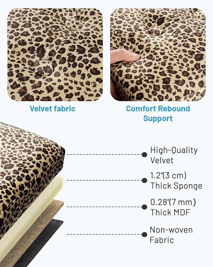 Storage Ottoman Foot Rest Stool, Small Velvet Storage Ottomans Bench, Folding Footstool with Side Pockets, Foot Rest Under Desk for Living Room Bedroom, 17x13x13 in, Leopard Print