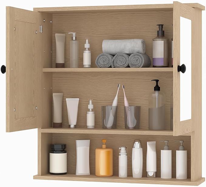 22.2 Inch Mirrored Medicine Cabinet for Bathroom, Over Toilet Wall-Mounted Storage Cabinet with Adjustable Shelf, Waterproof MDF Cabinet for Bathroom Organization