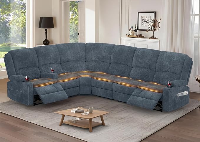 Manual Reclining Sectional Sofa Set, 6 Seats Soft Fabric Recliner Corner Sectional Couch, Family-Sized L-Shaped Recliner Couch with USB Charging, Thickened Padding, Sturdy Frame, Blue