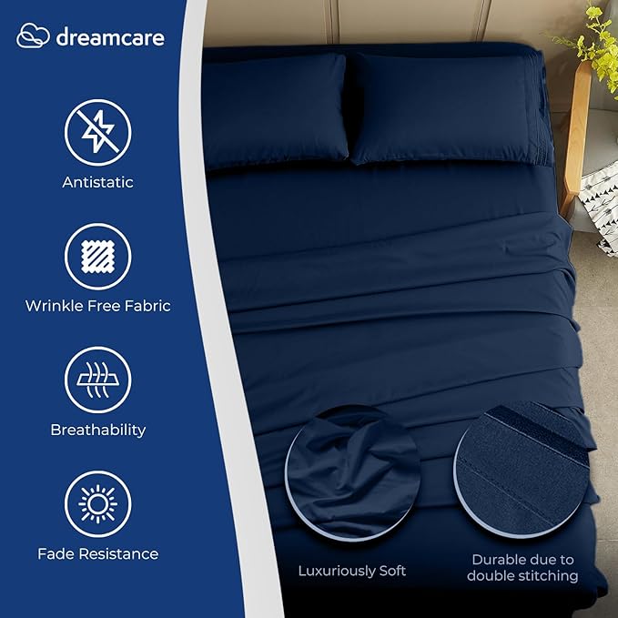 DREAMCARE Queen Sheet Set – 4 pcs Cooling Sheets – up to 21” Extra Deep Pocket Queen Sheets – Hotel Luxury Sheets & Pillowcases – Superior Softness 100% Fine Microfiber with Side Pocket – Navy DREAMCARE