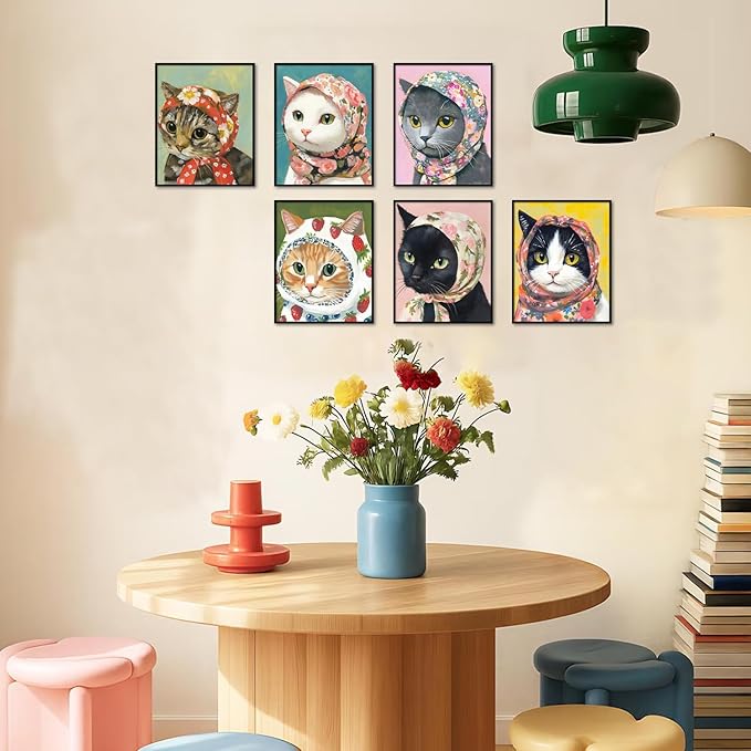 Funny Cat Poster Set of 6, Whimsical Babushka Cats Wall Art Eclectic Lover Cat Pictures Decor, Quirky Animal Pictures Canvas Painting Prints Aesthetic for Bedroom Living Room 12x16 inch Unframed