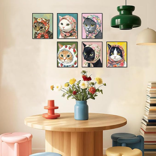 Funny Cat Poster Set of 6, Whimsical Babushka Cats Wall Art Eclectic Lover Cat Pictures Decor, Quirky Animal Pictures Canvas Painting Prints Aesthetic for Bedroom Living Room 12x16 inch Unframed