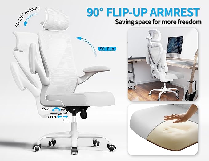 White Ergonomic Office Chair: Mesh Desk Chair Comfy with Adjustable Lumbar Support 400lbs High Back Computer Gaming Chair - Big and Tall Office Chairs with Extra Wide Seat-Adults Home Office