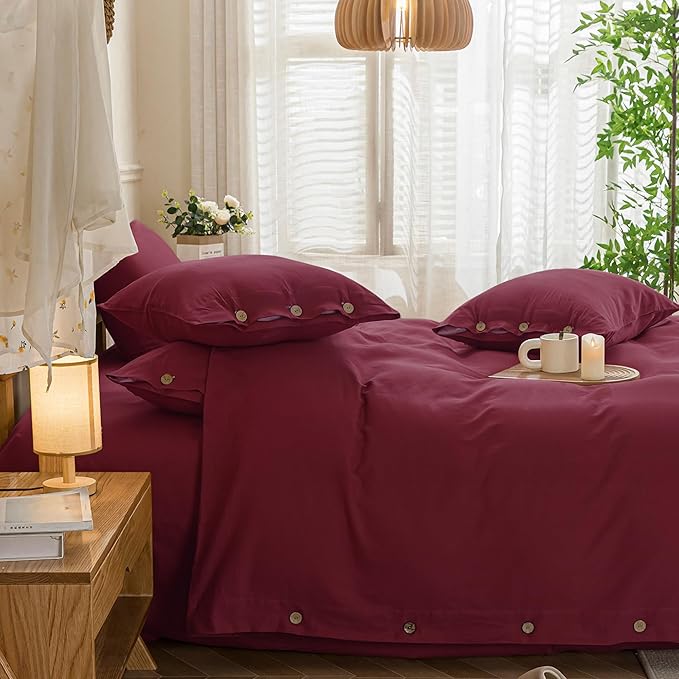 JELLYMONI Cotton Duvet Cover Full Size - Burgundy Comforter Cover with Button 100% Washed Cotton 3PCS Breathable Soft Solid Bedding Set Duvet Cover 80×90in & 2 Pillowcases (NO Comforter)