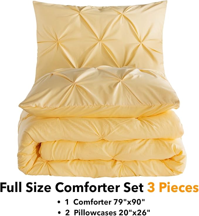 Andency Yellow Pinch Pleat Comforter Full(79x90Inch), 3 Pieces Pintuck Comforter Comforter Set, Microfiber Down Alternative Bed All Season Bedding Set