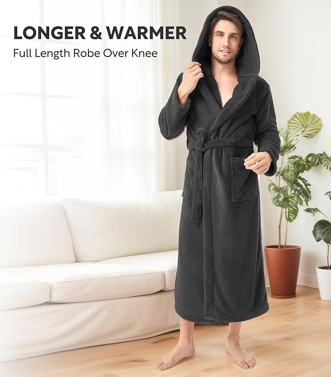 DAVID ARCHY Men's Hooded Robe Soft Coral Fleece Microfiber Bathrobe