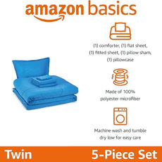 Amazon Basics 5 Piece Microfiber Kid's Bed-in-a-Bag Bedding Set, Twin, Blue, Solid