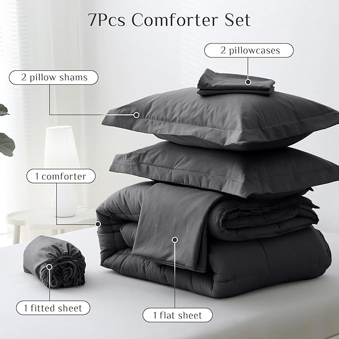 JOLLYVOGUE Full Comforter Set, Ultra-Soft Bed in a Bag Full Size 7 Pieces, Oeko-TEX Certified Bedding Set with Down Alternative Comforter, Sheets, Pillowcases & Shams, Dark & Light Grey