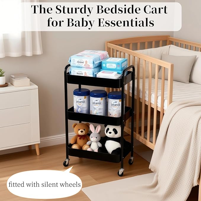 3 Tier Rolling Storage Cart for Kitchen Storage & Laundry Room Organization, Large Capacity Metal Utility Cart on Wheels and 4 Hooks for Art Lash Craft Bedside, Sturdy Nursery Organizer, Black