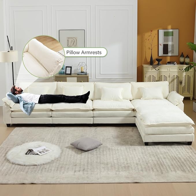154" Modular Sectional Sofa, Comfy Cloud Couch Sectional Sofa with Ottoman, Chenille Sofa Sleeper Deep Seat Sofa with Throw Pillows for Living Room (Beige White, 154"- U Shape)