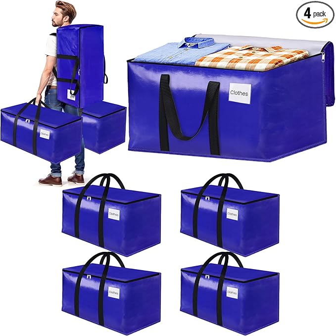 4-Pack Moving Bags with Backpack Straps & Carry Handles, 25 Gallons-93 L Heavy Duty Storage Totes for Space Saving, Foldable Storage Bags for College Dorm, Travel, Camping (Blue)