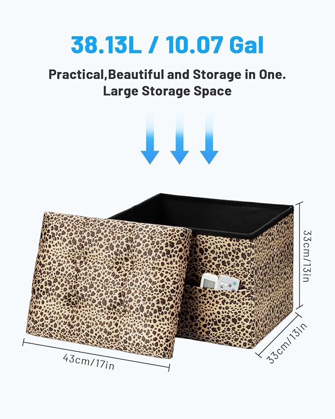 Storage Ottoman Foot Rest Stool, Small Velvet Storage Ottomans Bench, Folding Footstool with Side Pockets, Foot Rest Under Desk for Living Room Bedroom, 17x13x13 in, Leopard Print