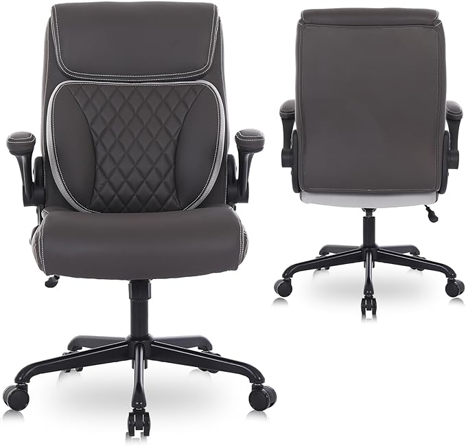 Youhauchair Executive Office Chair, Ergonomic PU Leather Computer Desk Chair with Lumbar Support, Flip-up Armrests and Adjustable Height, for Home Office, Brown