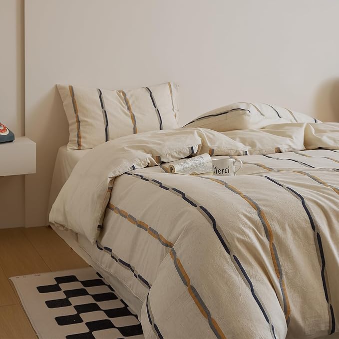 VM VOUGEMARKET King Duvet Cover Set Jacquard Black Orange Stripes Duvet Cover with 2 Pillowcases Yarn-Dyed Linen Cotton Minimalist Bedding Set,104"x90"