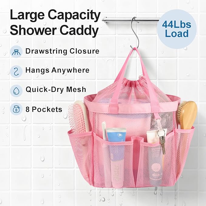 F-color Mesh Shower Caddy Portable with Drawstring - Upgrade Deeper 7 Pockets Dorm Room Essentials for Guys Girls with S Hook, Shower Bag Basket Tote for College Camping Toiletry Bathroom, Pink