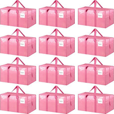 12 Pack Extra Heavy Duty Large Moving Bags with Strong Zipper & Comfortable Handles, Sturdy & Durable Clothes Storage Bags Totes Bins, Packing Moving Boxes for College Supplies, Pink